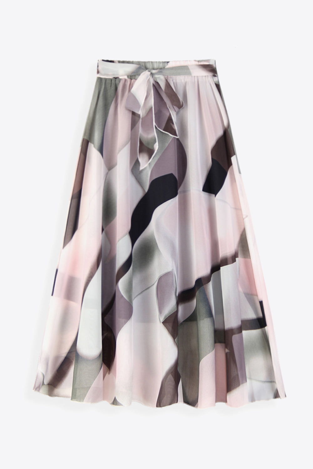 Chiffon midi skirt with abstract print and belted waist in blush pink and dark blue tones.