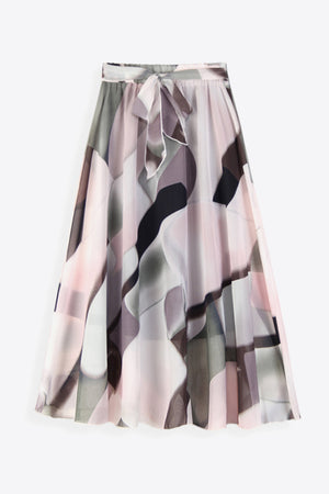 Chiffon midi skirt with abstract print and belted waist in blush pink and dark blue tones.