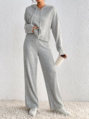 Light gray ribbed knit cropped hoodie and wide leg pants set with drawstring hood