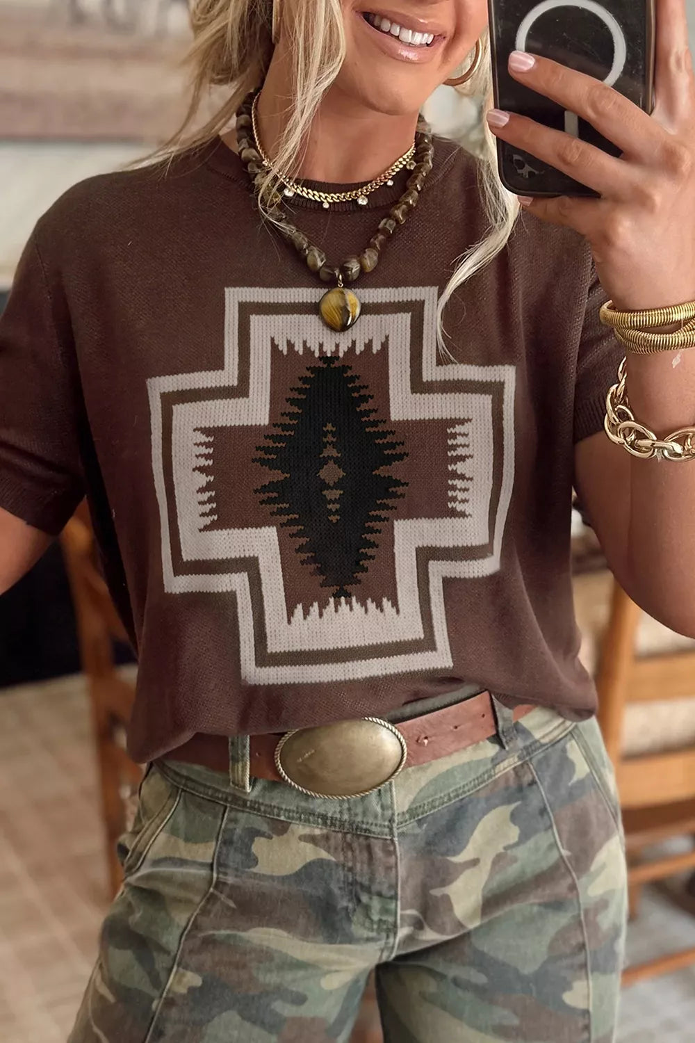 brown pullover sweater with geometric and crew neck
