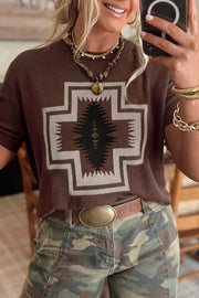 brown pullover sweater with geometric and crew neck