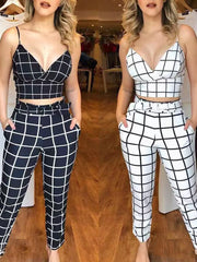 Chic grid print two-piece set with cropped cami and belted pants in black or white.