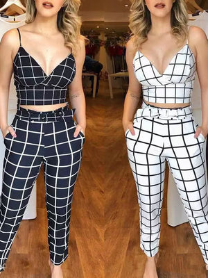 Chic grid print two-piece set with cropped cami and belted pants in black or white.