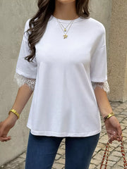 Lace Trimmed Casual T-shirt in White, front view