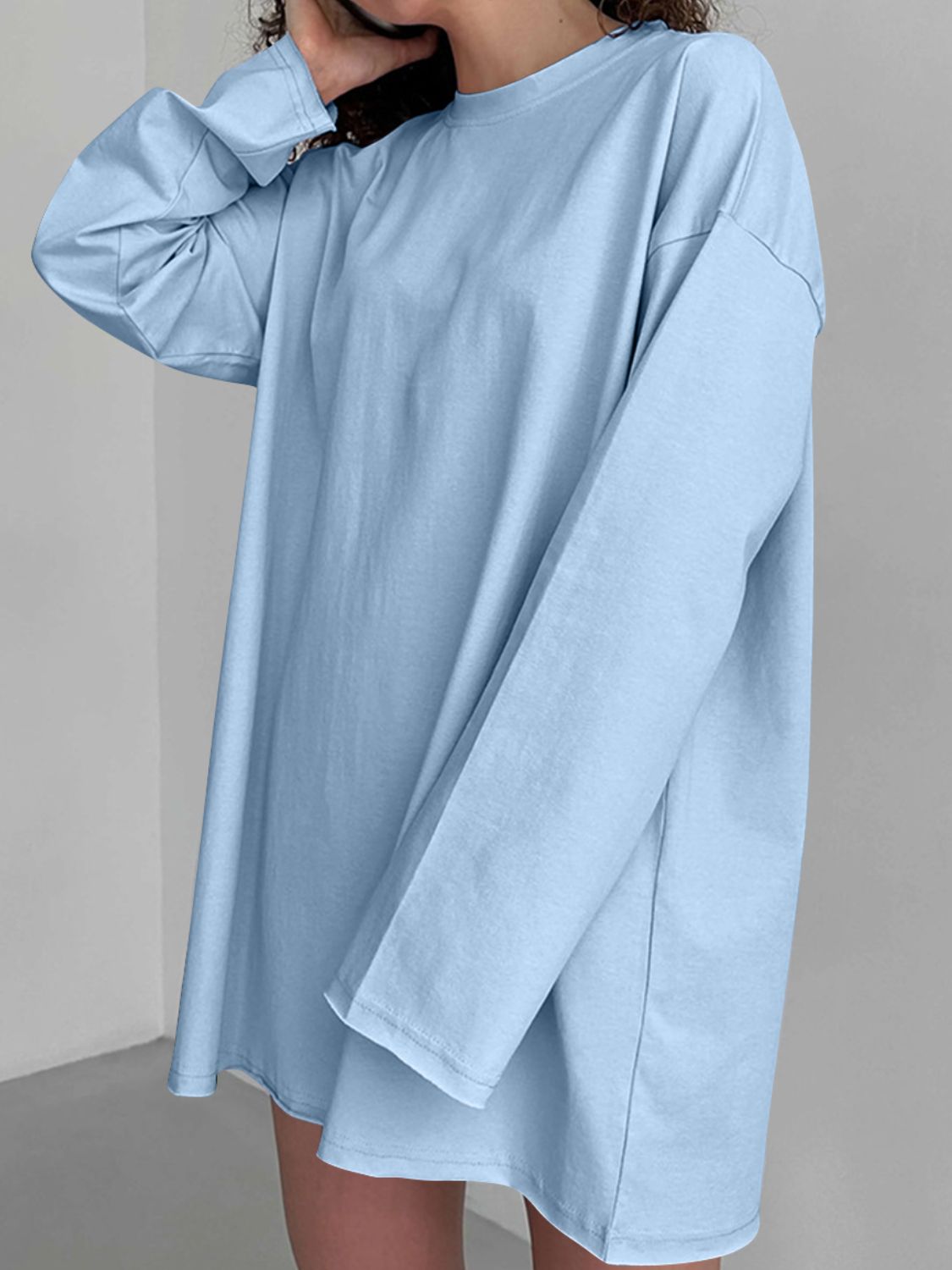 Oversized light blue cotton jersey long sleeve top with crew neck