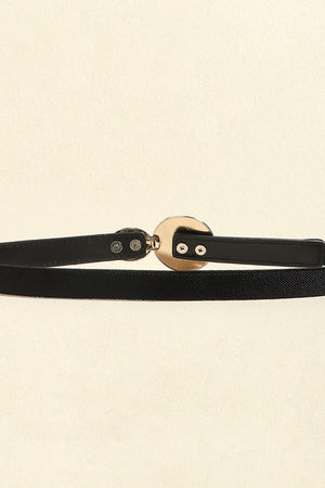 Black elastic waist belt with gold disc detail and faux leather trim