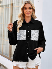 Black denim shirt with sequin-embellished chest pockets and frayed hem