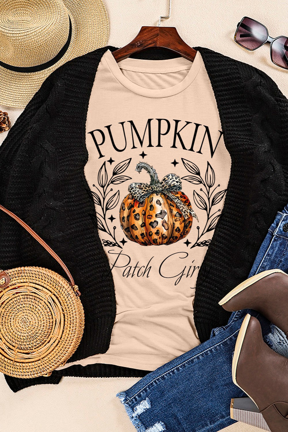 Tan graphic t-shirt with a pumpkin and leopard bow design, "Pumpkin Patch Girl" text.