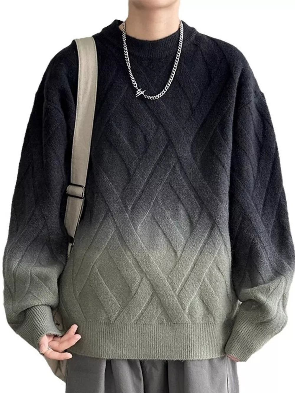 Men's gradient knit sweater with lattice design in gray and brown, crew neck, long sleeves.