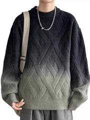 Men's gradient knit sweater with lattice design in gray and brown, crew neck, long sleeves.