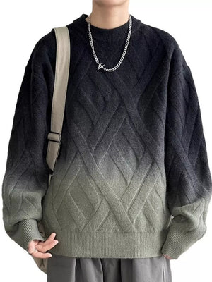 Men's gradient knit sweater with lattice design in gray and brown, crew neck, long sleeves.