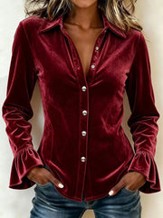 Velvet Button Up Flare Sleeve Shirt Plus Size in Burgundy, back view