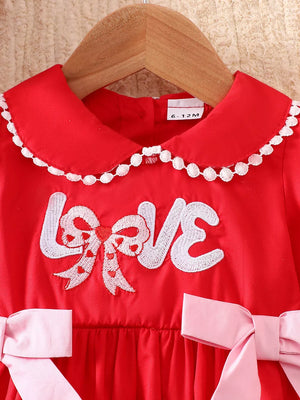 Children's Bow Long Sleeve Dress in Red, side view