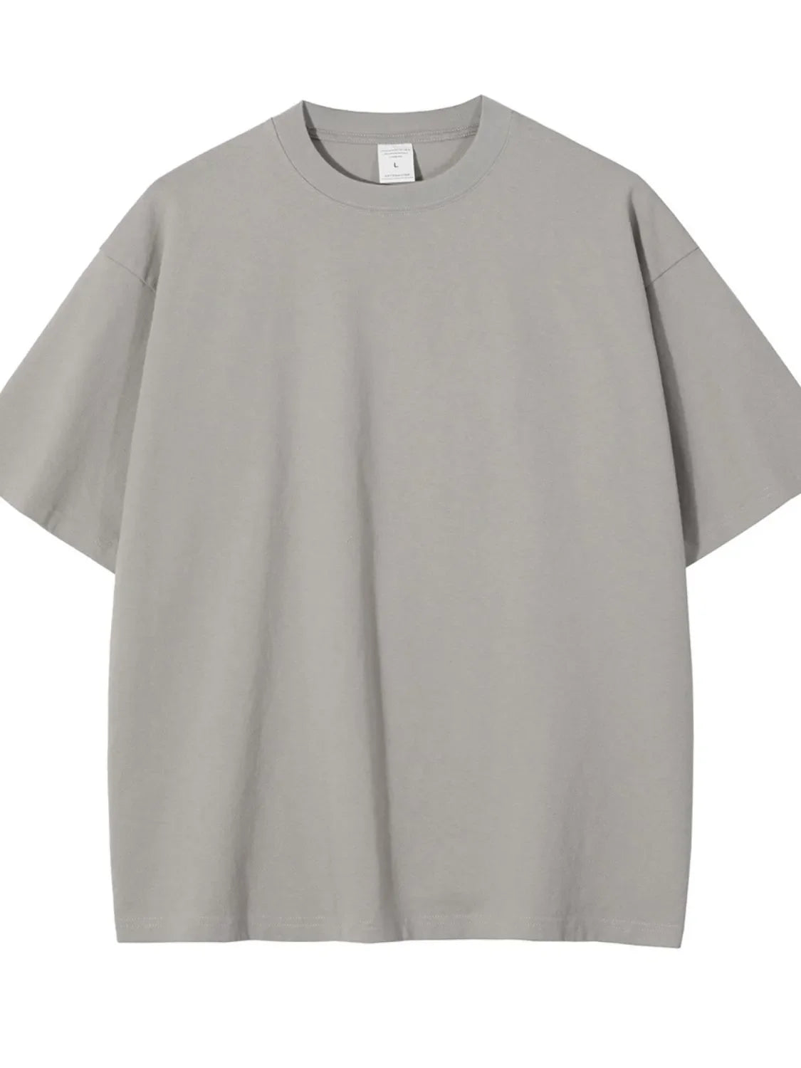 Gray oversized crewneck t-shirt with relaxed fit and short sleeves.