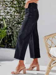 Black button-front wide-leg cropped jeans with a relaxed fit.
