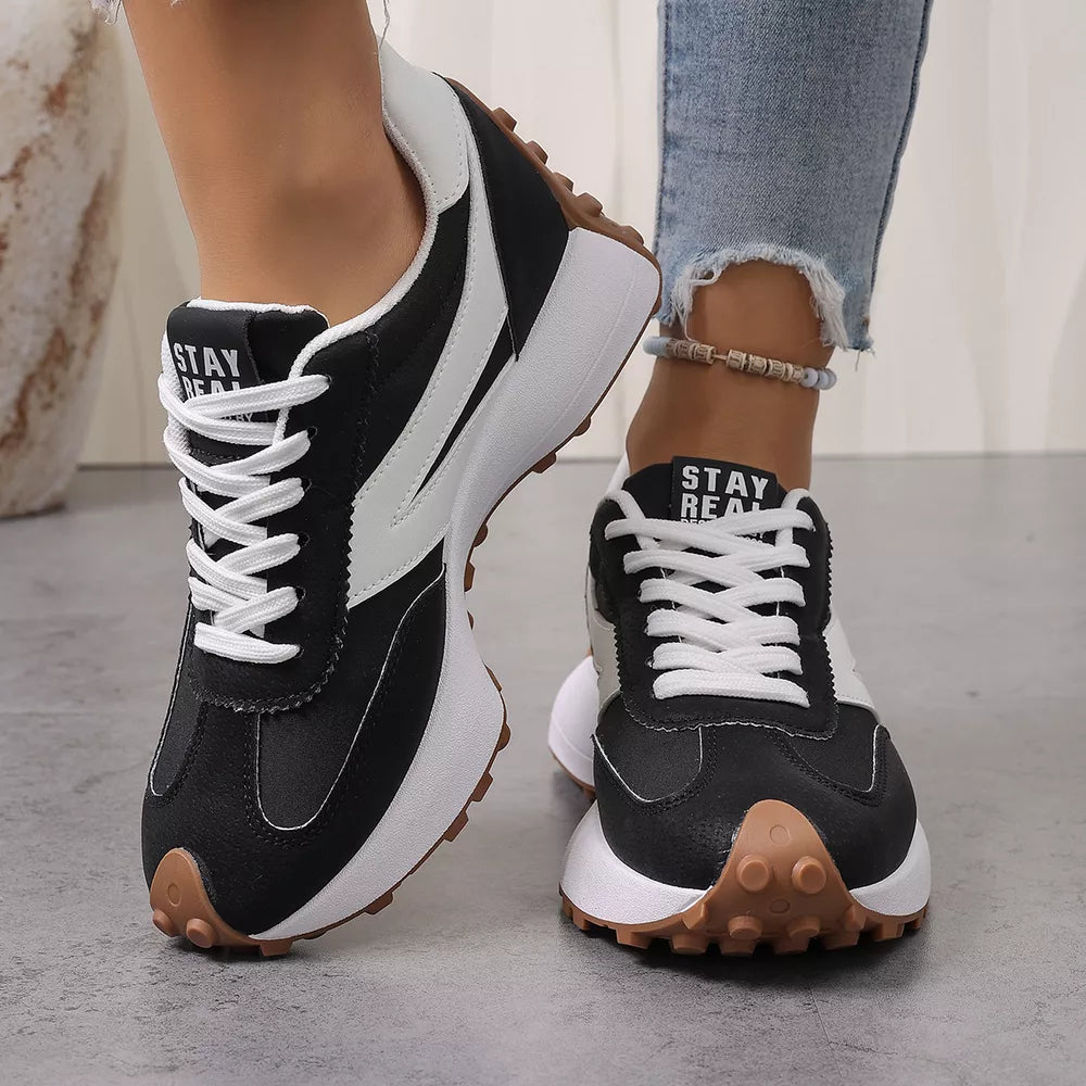 Color-blocked Platform Casual Sneakers in Black, model styling view
