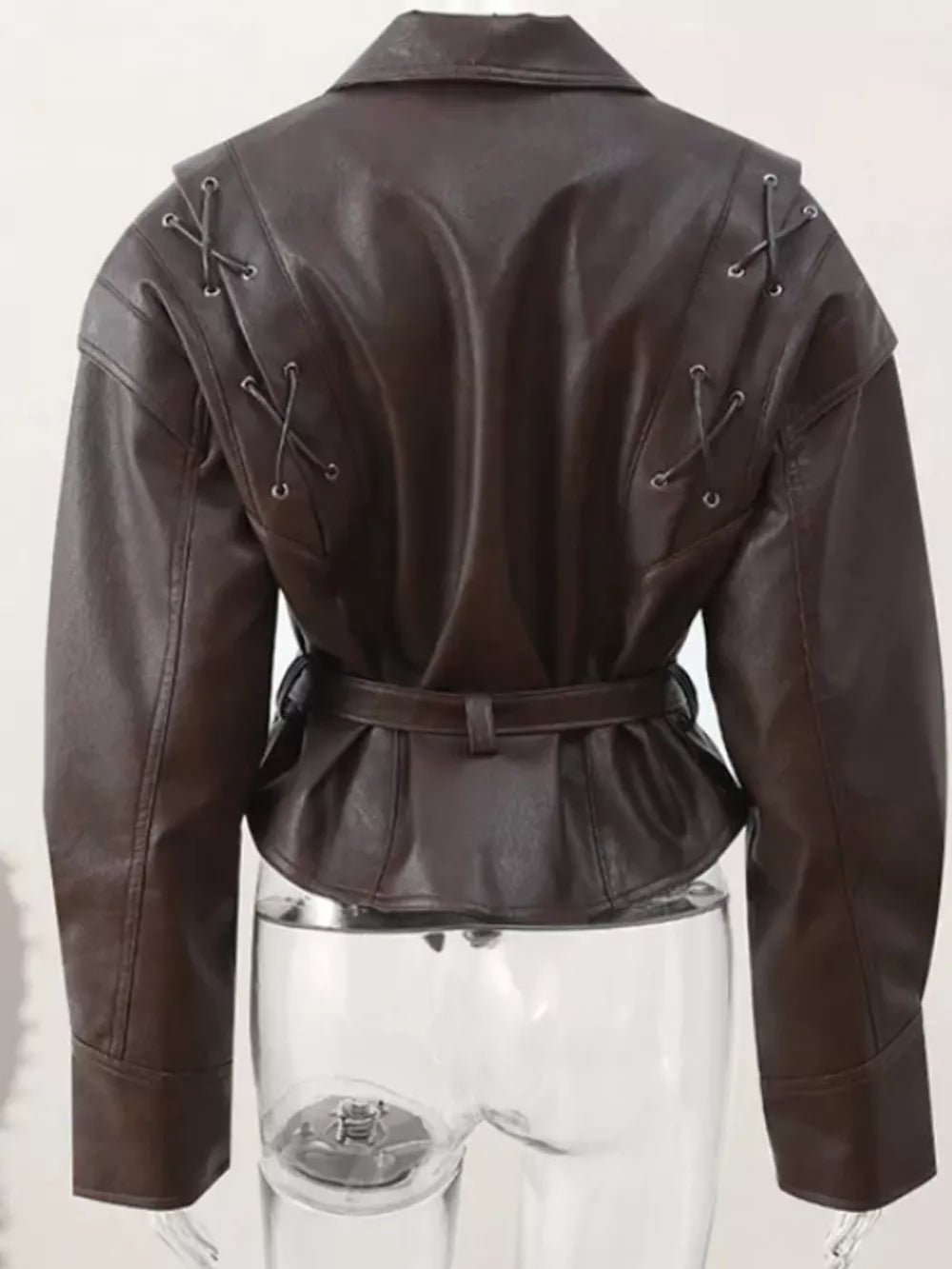 Belted Leather Jacket With Shawl Collar in Dark Brown, editorial view