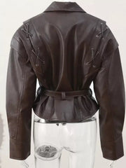 Belted Leather Jacket With Shawl Collar in Dark Brown, editorial view