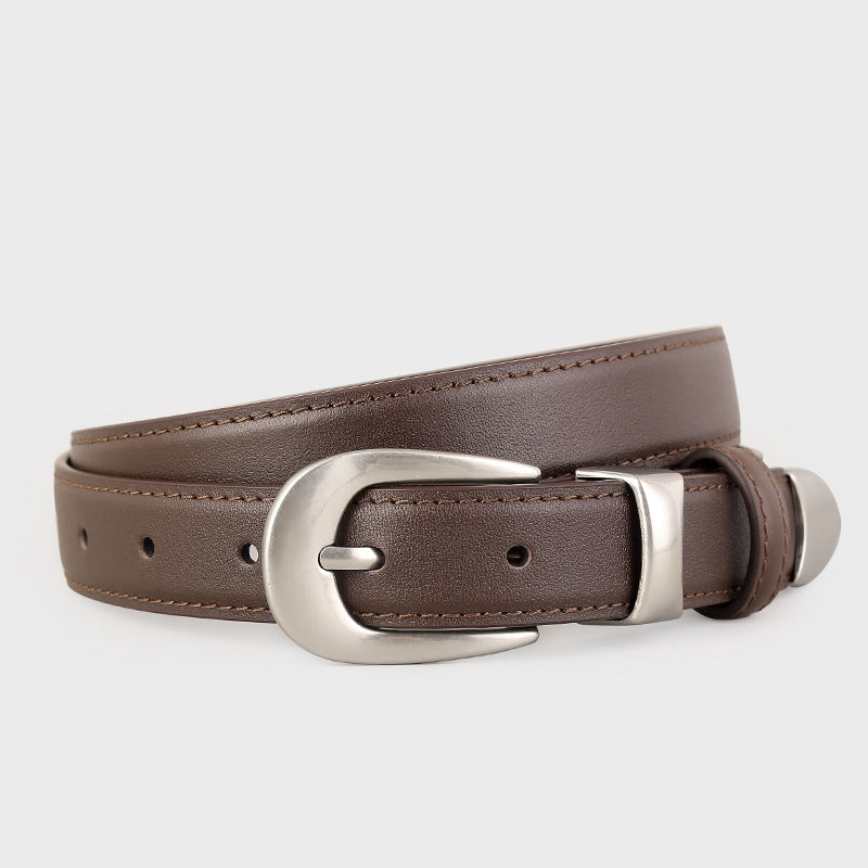 Brown leather belt with elegant silver buckle and stitched detail