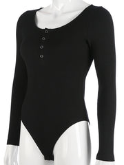 Black ribbed henley bodysuit with long sleeves and button detail