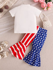 Patriotic toddler two-piece set with white tee and flared pants in red stripes and blue stars.