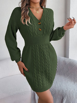 Army green cable knit dress with button front and v-neck