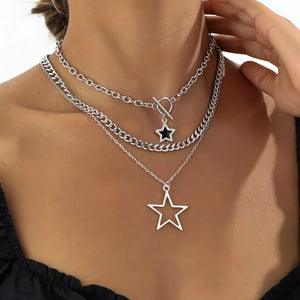 3-piece Layered Star Pendant Silver-plated Necklace in Silver, side view