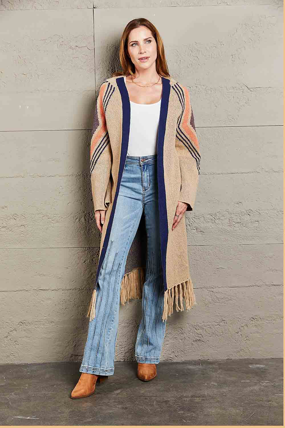 Khaki long cardigan with geometric trim and fringed hemline, open front, long sleeves