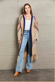 Khaki long cardigan with geometric trim and fringed hemline, open front, long sleeves