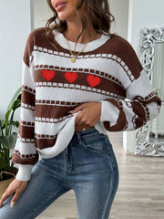 Brown and white striped knit sweater with embroidered red hearts and a crew neck.