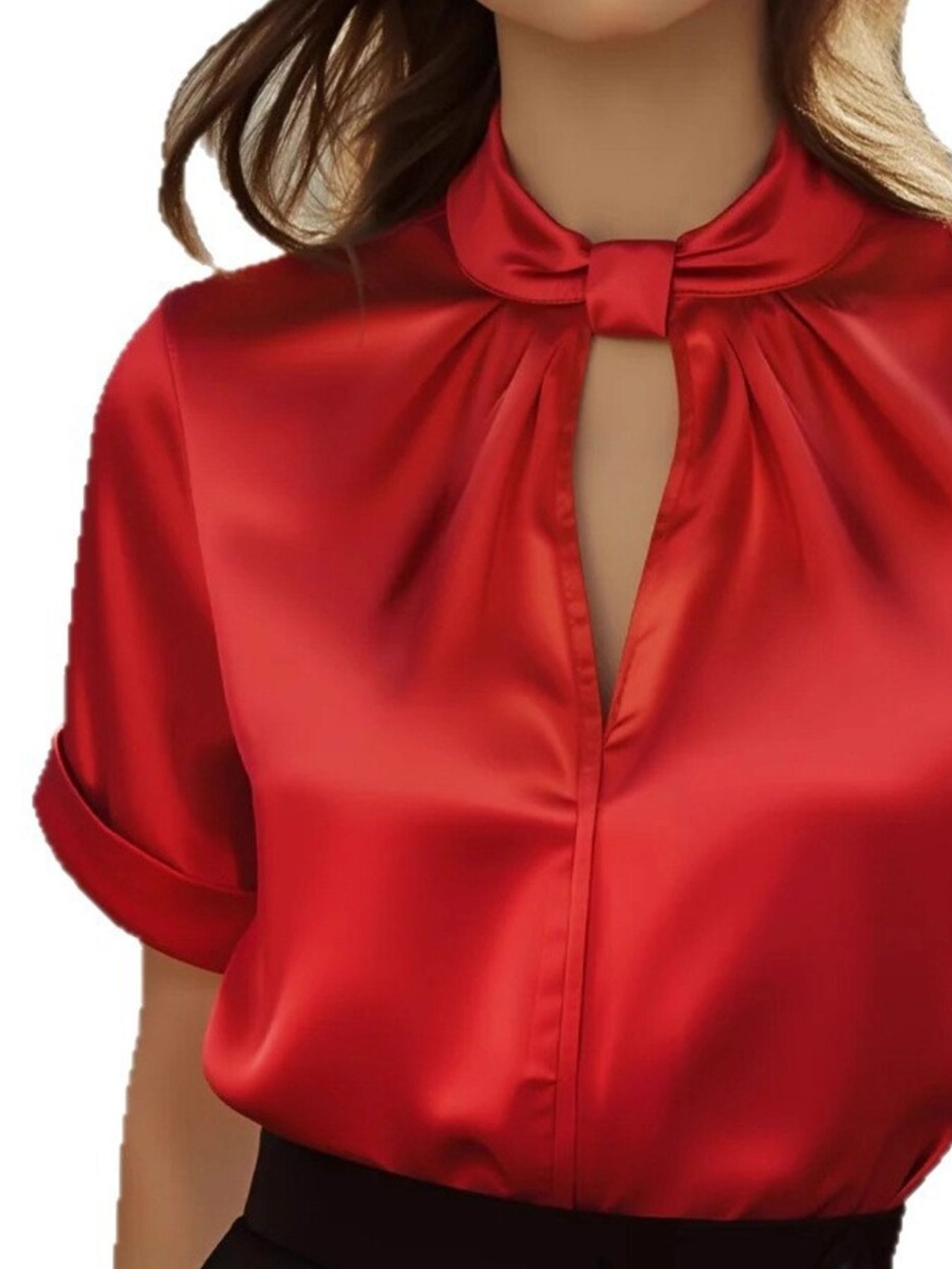 Red satin blouse with keyhole cutout neckline and cuffed short sleeves.