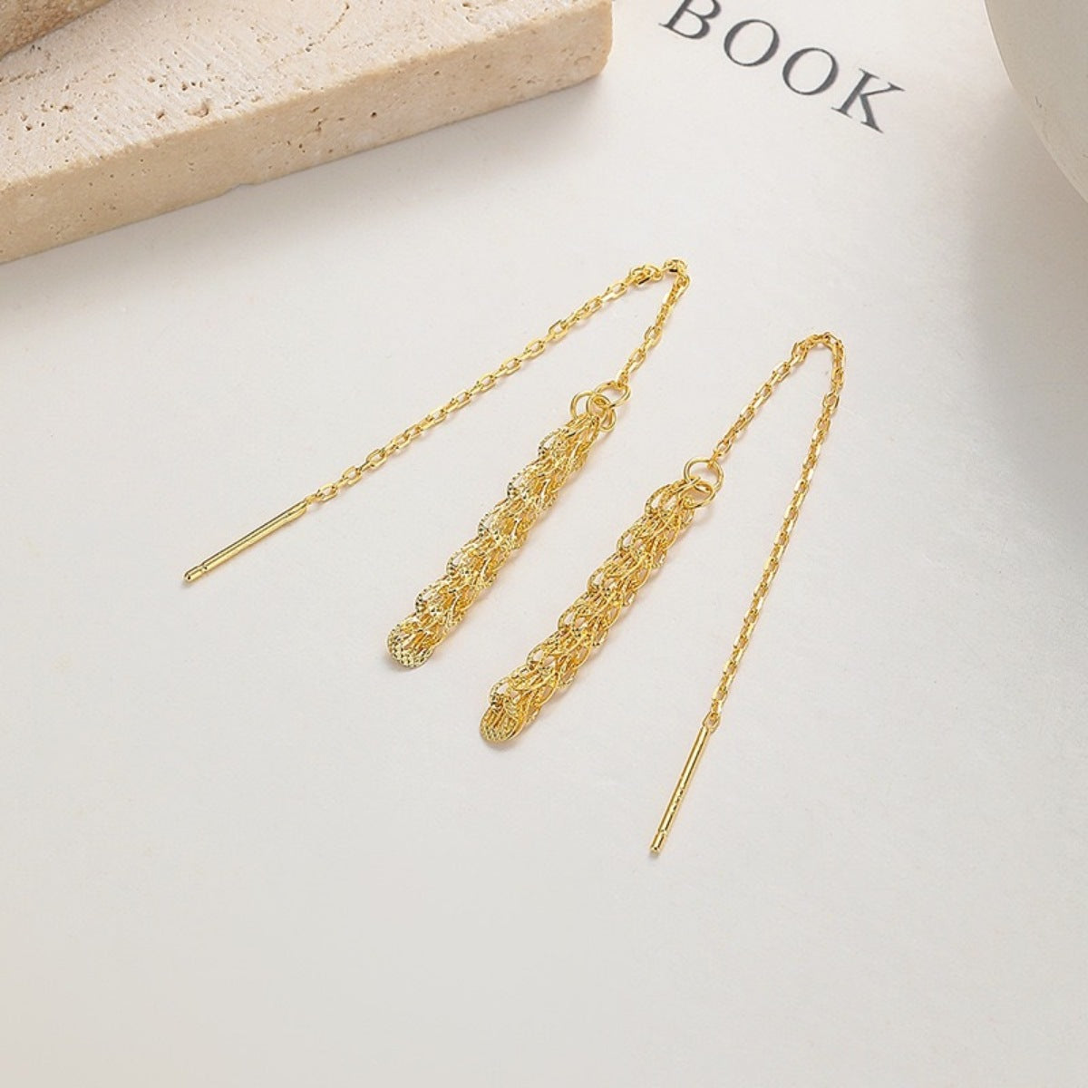 Elegant gold sterling threader earrings with delicate chain and textured bar detail