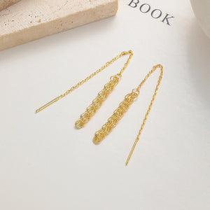Elegant gold sterling threader earrings with delicate chain and textured bar detail