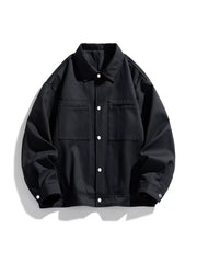 Black oversized casual snap jacket with two chest pockets and button closure