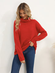 Deep Red textured knit oversized turtleneck pullover sweater with ribbed detailing.