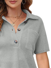 Gray waffle knit polo shirt with button detail and short sleeves