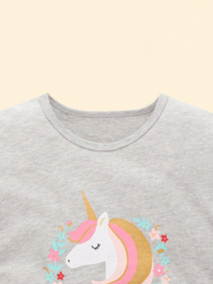 Toddler grey cotton t-shirt with a unicorn graphic and floral wreath.