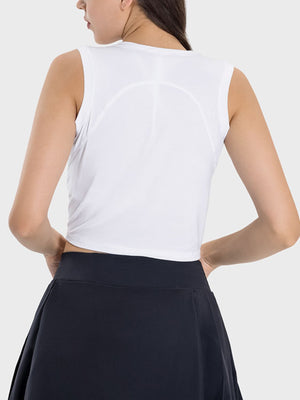 White asymmetric ruched crop tank top with curved back seam detail
