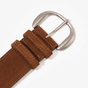 Brown suede leather belt with antiqued silver buckle and contrast stitching detail.