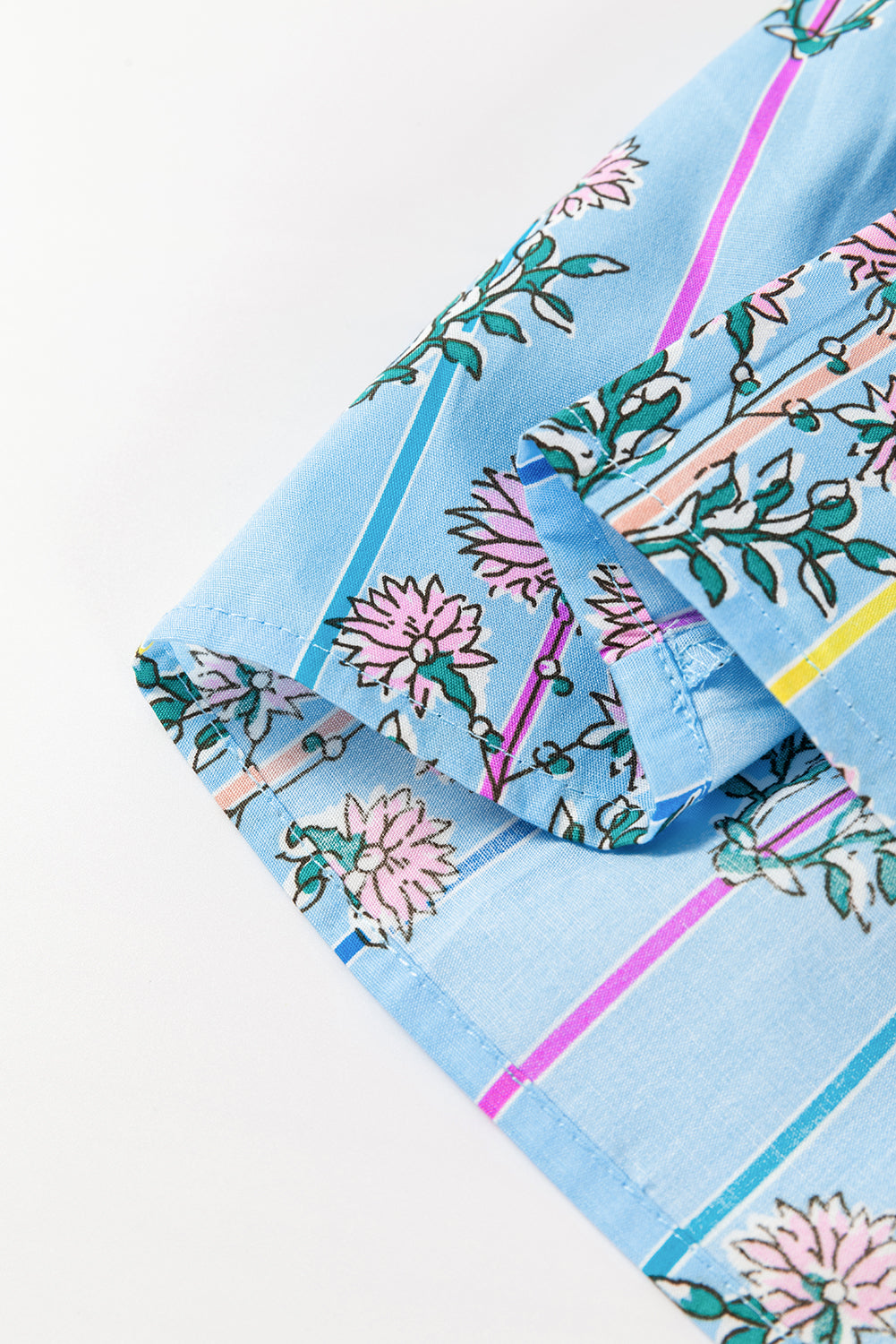 Sky blue floral print blouse with smocked yoke detail and striped pattern.