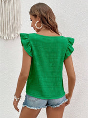 Green textured ruffle sleeve square neck blouse with smocked detail