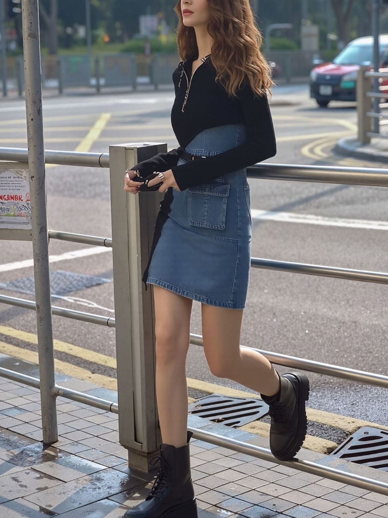 Denim patchwork mini dress with a belted waist and utility pockets.