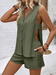 Army green V-neck button-front sleeveless top with side cutouts and matching shorts.