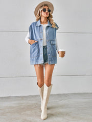 Light blue denim utility vest with button front and chest pockets