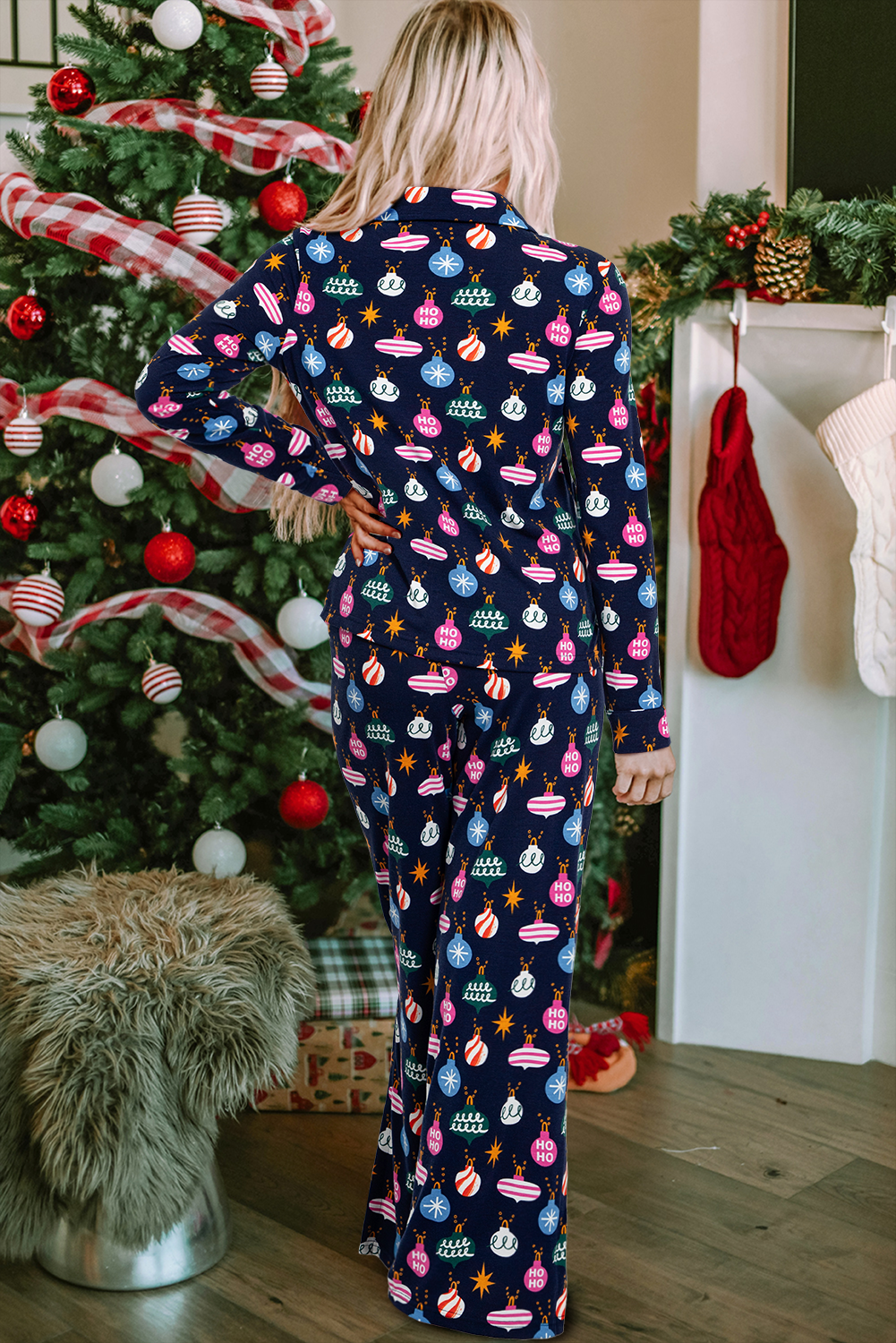 Navy blue lounge set with festive bauble print, long sleeves, and collar.