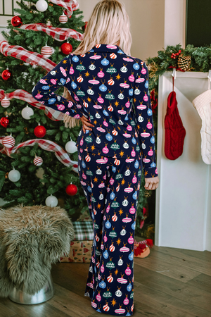 Navy blue lounge set with festive bauble print, long sleeves, and collar.