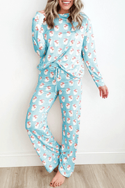 Pastel blue Santa stripe loungewear set with drawstring waist pants and long sleeve top.
