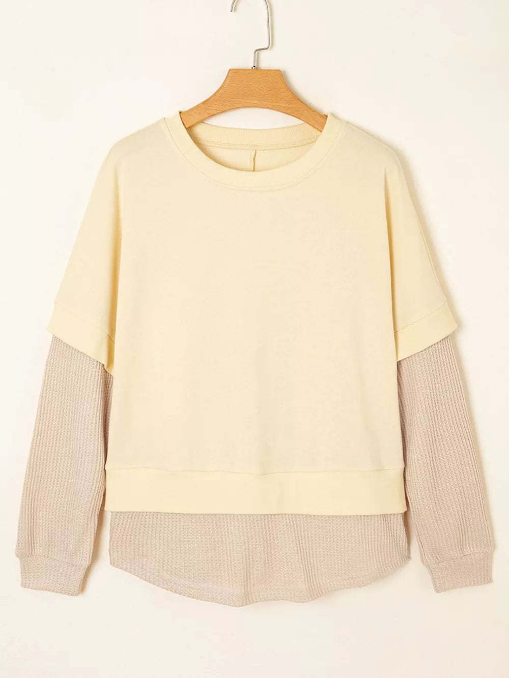 2 In 1 Faux Two Piece Patchwork Sweatshirt in Beige, back view