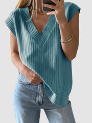 Air Force Blue ribbed knit V-neck sleeveless sweater with a sculpted fit.