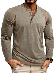 Men's gray long sleeve t-shirt with button detail and contrast stitching